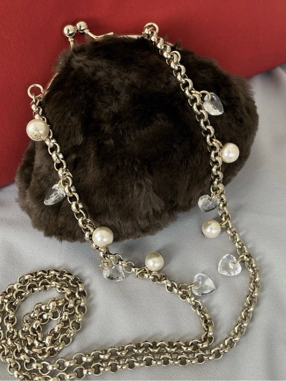 Kathy Van Zeeland Faux Fur Crossbody Bag with Pearl & Crystal Heart Charms, EUC